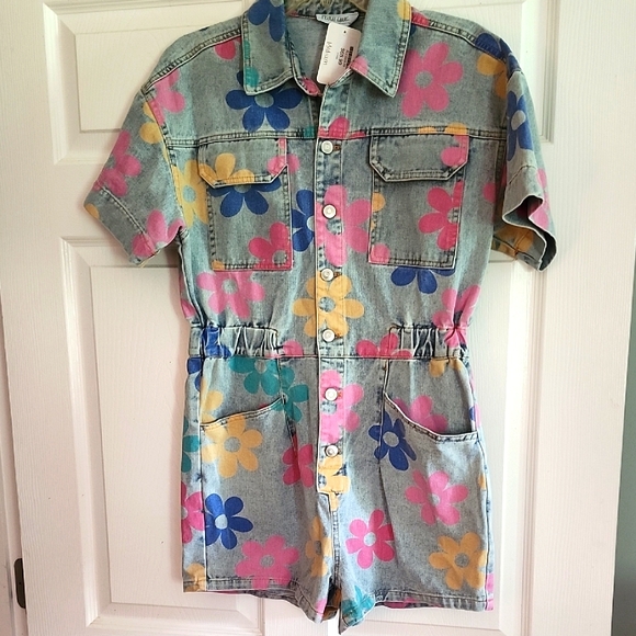 Peach Love California Pants - Peach Love California Denim Floral Romper in Pink, Yellow & Blue